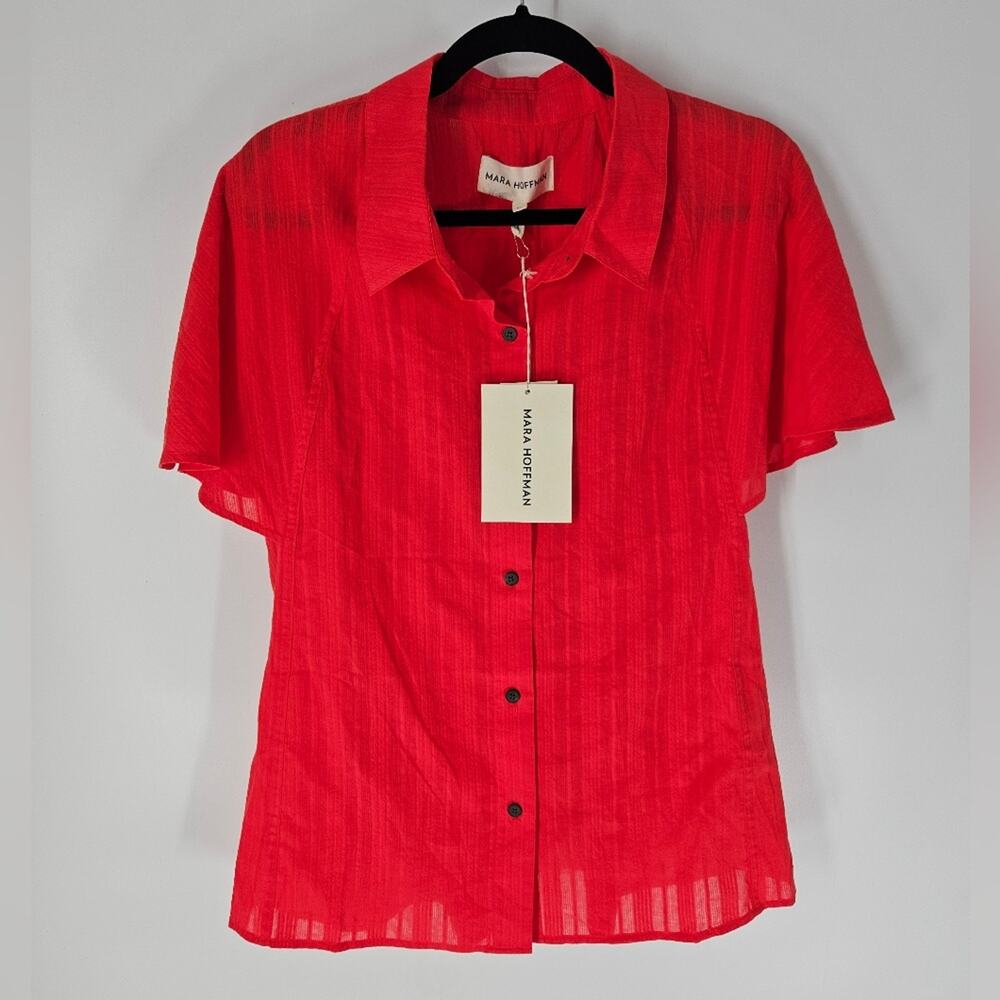 Mara Hoffman Red Button Down Ruffle Sleeve Phebe Blouse XL